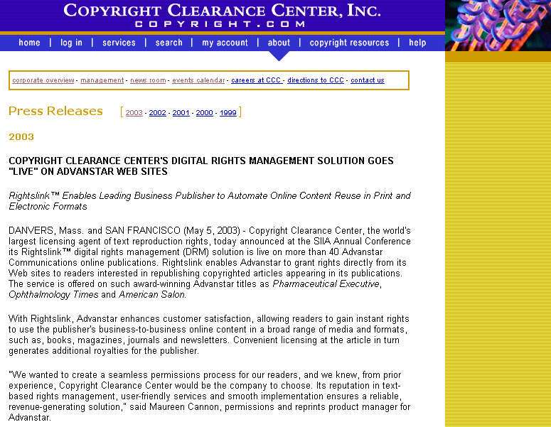 Screen shot of the copyright.com press releases page.