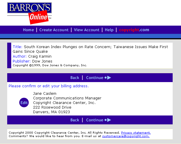Screen shot of the Rightslink billing address page.