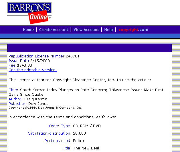 Screen shot of the Rightslink license page.