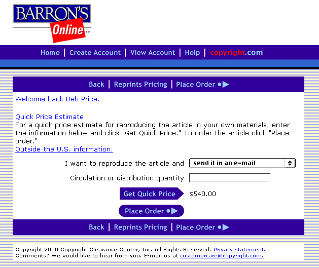 Screen shot of the Rightslink quick price page.